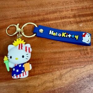 Hello Kitty Statue of Liberty Keychain Charm Blue Rubber Strap Gold Tone